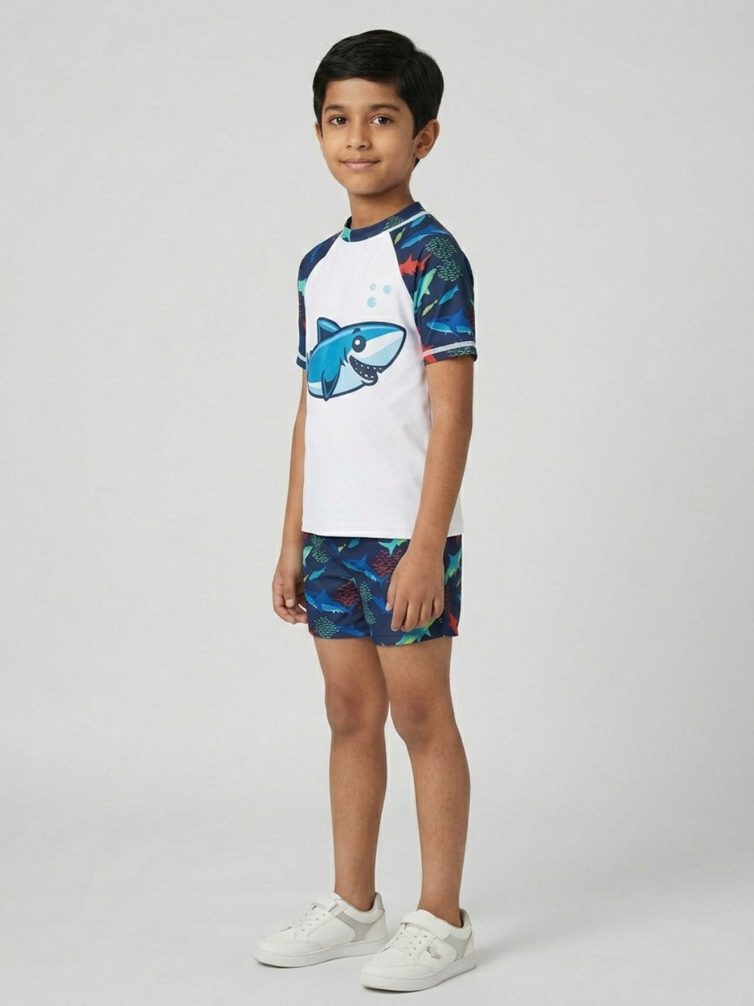 Biglilpeople Boys Multicolour Graphic Print Round Neck Short Sleeves Two-Piece Swimsuit Set