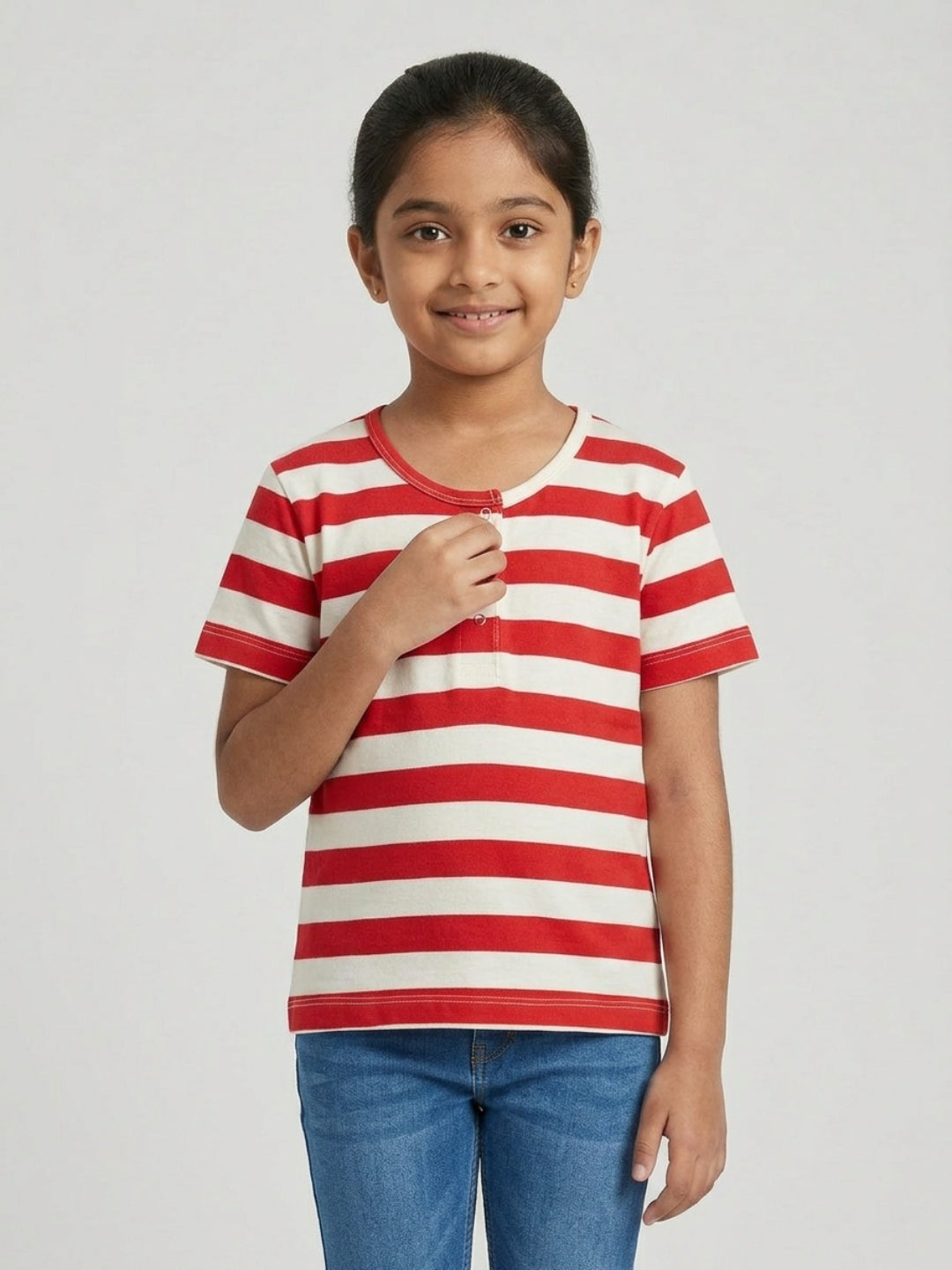 Biglilpeople Blusa de manga corta con cuello Henley a rayas rojas y azul marino para niñas (Paquete de 2)