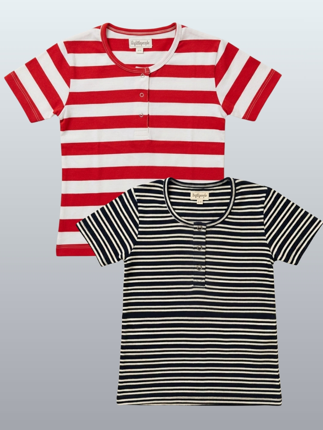 Biglilpeople Blusa de manga corta con cuello Henley a rayas rojas y azul marino para niñas (Paquete de 2)