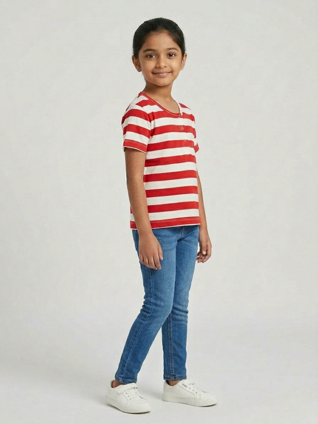 Biglilpeople Blusa de manga corta con cuello Henley a rayas rojas y azul marino para niñas (Paquete de 2)