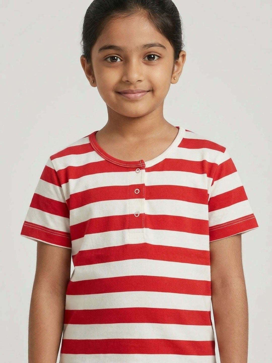 Biglilpeople Blusa de manga corta con cuello Henley a rayas rojas y azul marino para niñas (Paquete de 2)