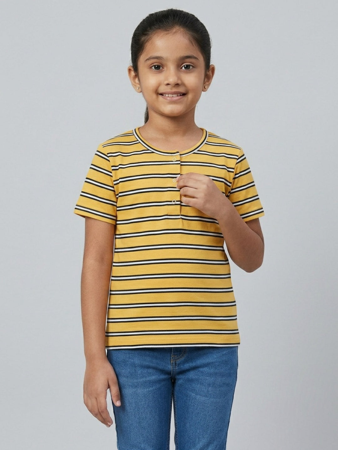 Biglilpeople Girls Navy & Yellow Striped Henley Neck Short Sleeves Top (Pack of 2)