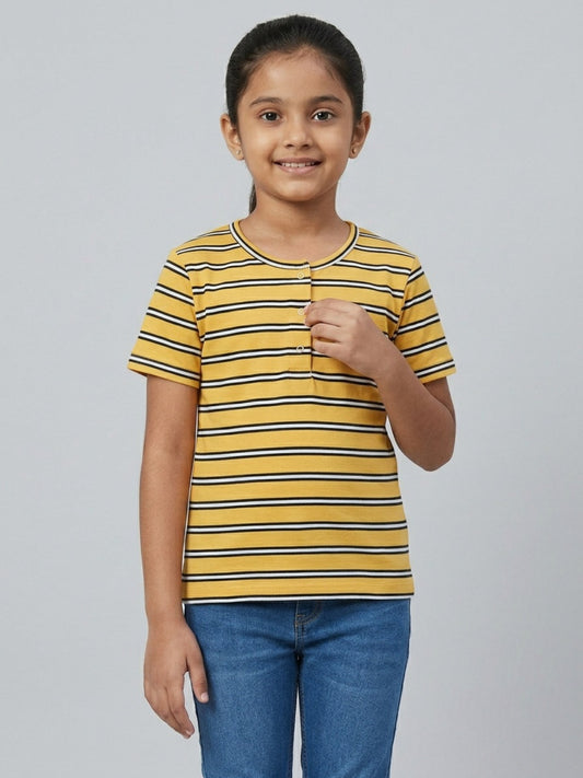 Biglilpeople Girls Navy & Yellow Striped Henley Neck Short Sleeves Top (Pack of 2)