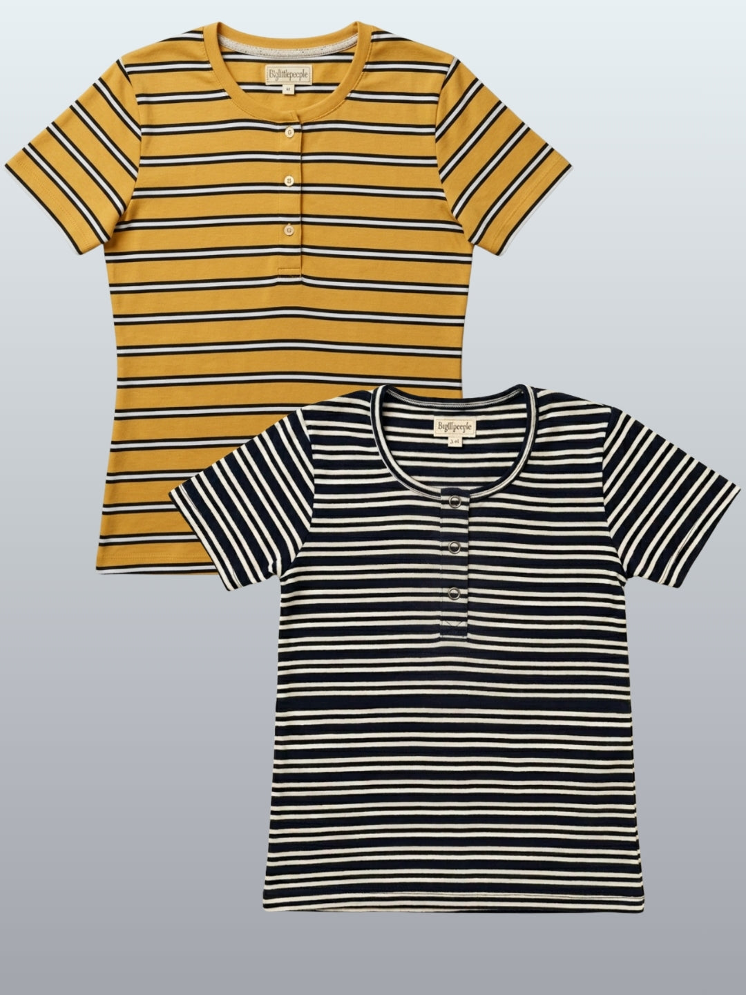 Biglilpeople Camiseta de manga corta con cuello Henley de rayas azul marino y amarillo para niñas (paquete de 2)