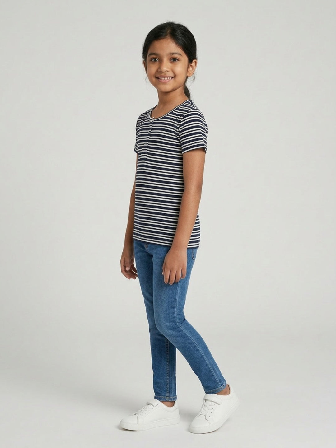 Biglilpeople Girls Navy & Yellow Striped Henley Neck Short Sleeves Top (Pack of 2)