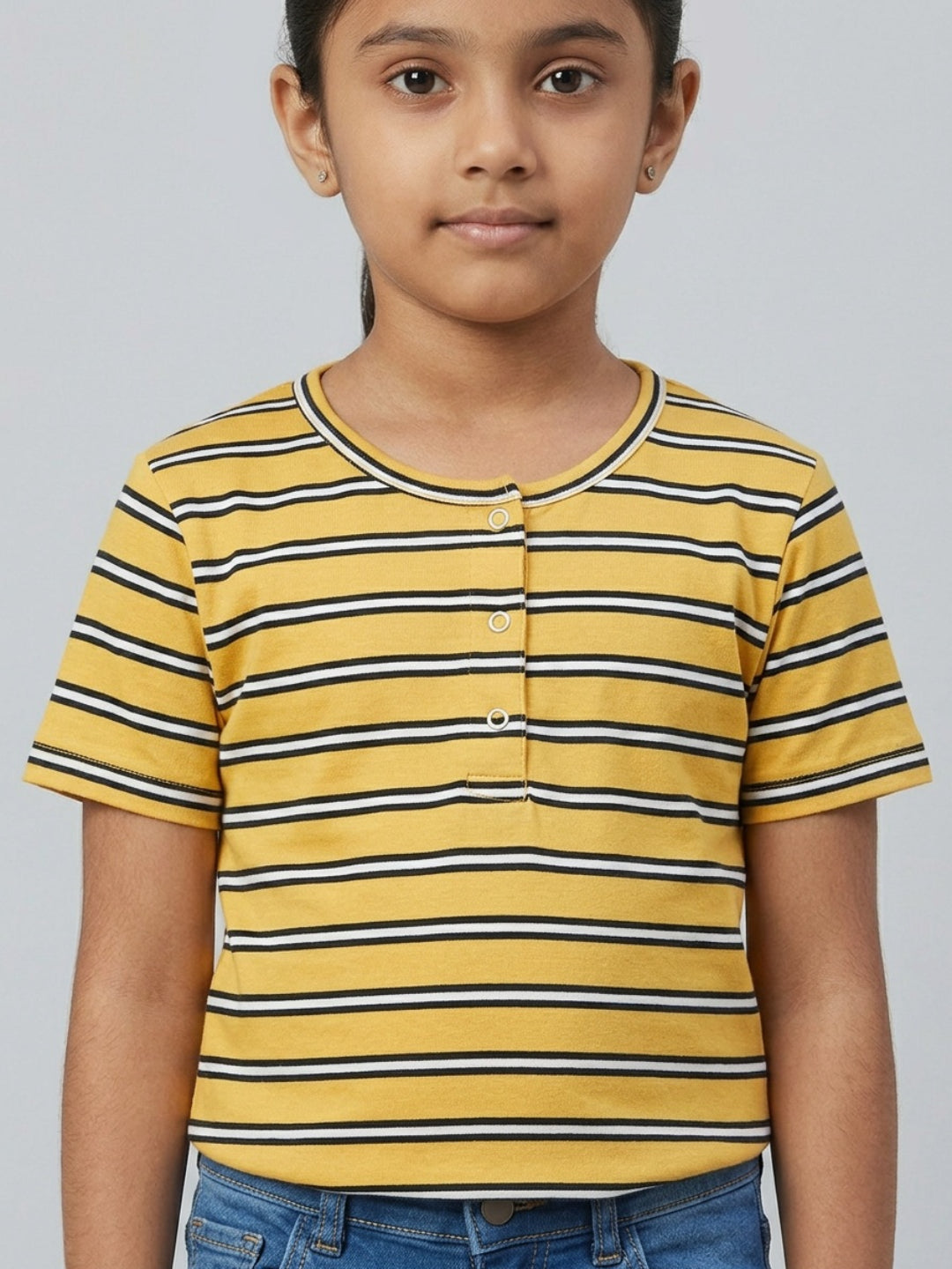 Biglilpeople Girls Navy & Yellow Striped Henley Neck Short Sleeves Top (Pack of 2)
