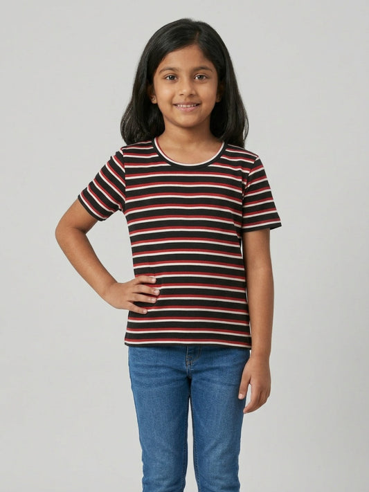 Biglilpeople Girls Navy & Black Striped Round Neck Short Sleeves T-Shirt (Pack of 2)