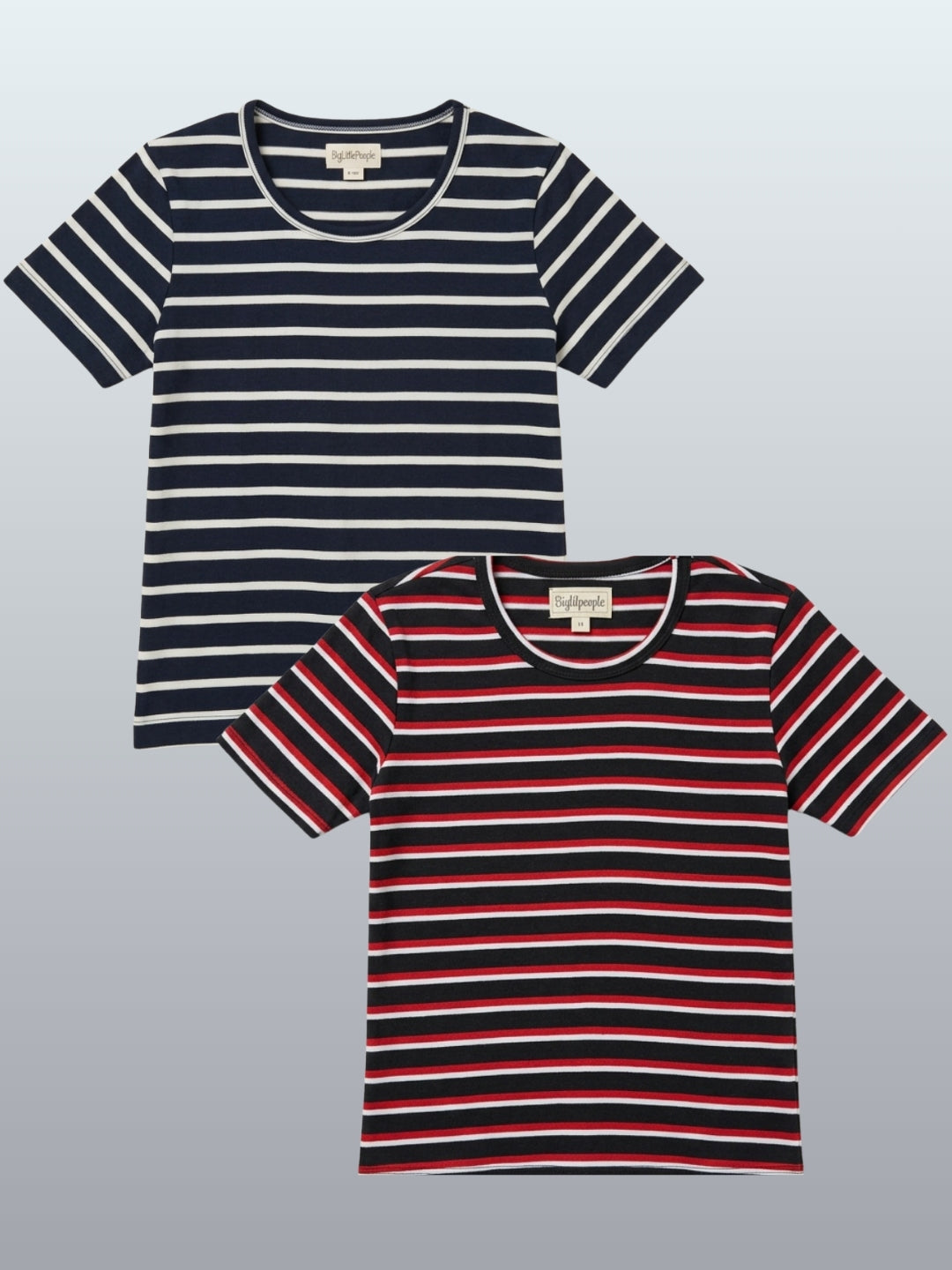 Biglilpeople Girls Navy & Black Striped Round Neck Short Sleeves T-Shirt (Pack of 2)