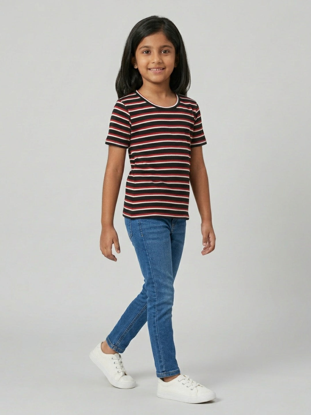 Biglilpeople Girls Navy & Black Striped Round Neck Short Sleeves T-Shirt (Pack of 2)
