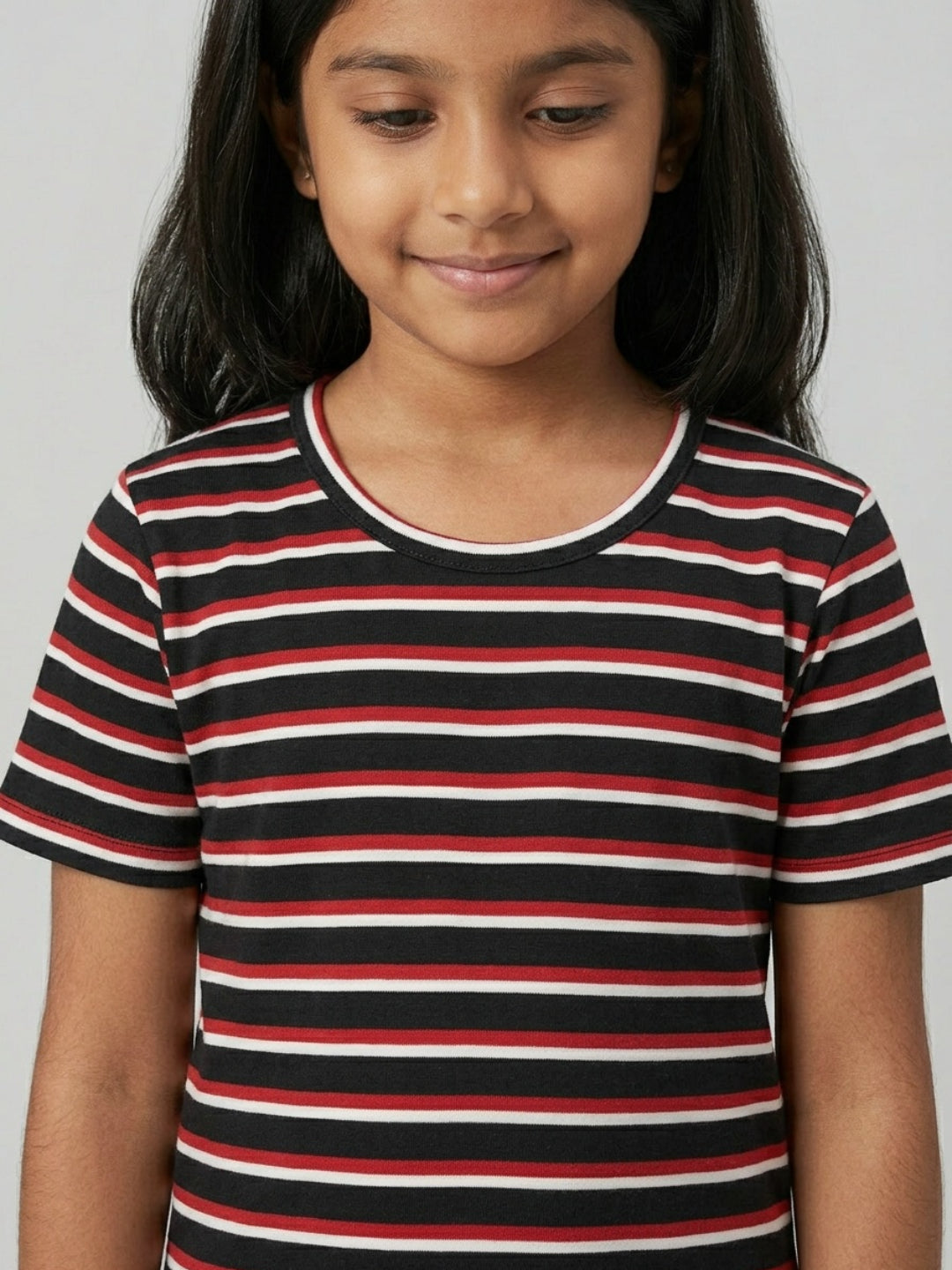 Biglilpeople Girls Navy & Black Striped Round Neck Short Sleeves T-Shirt (Pack of 2)
