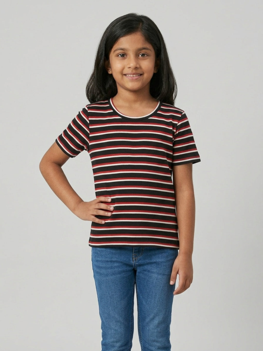 Biglilpeople Girls Black & Red Striped Round Neck Short Sleeves T-Shirt (Pack of 2)