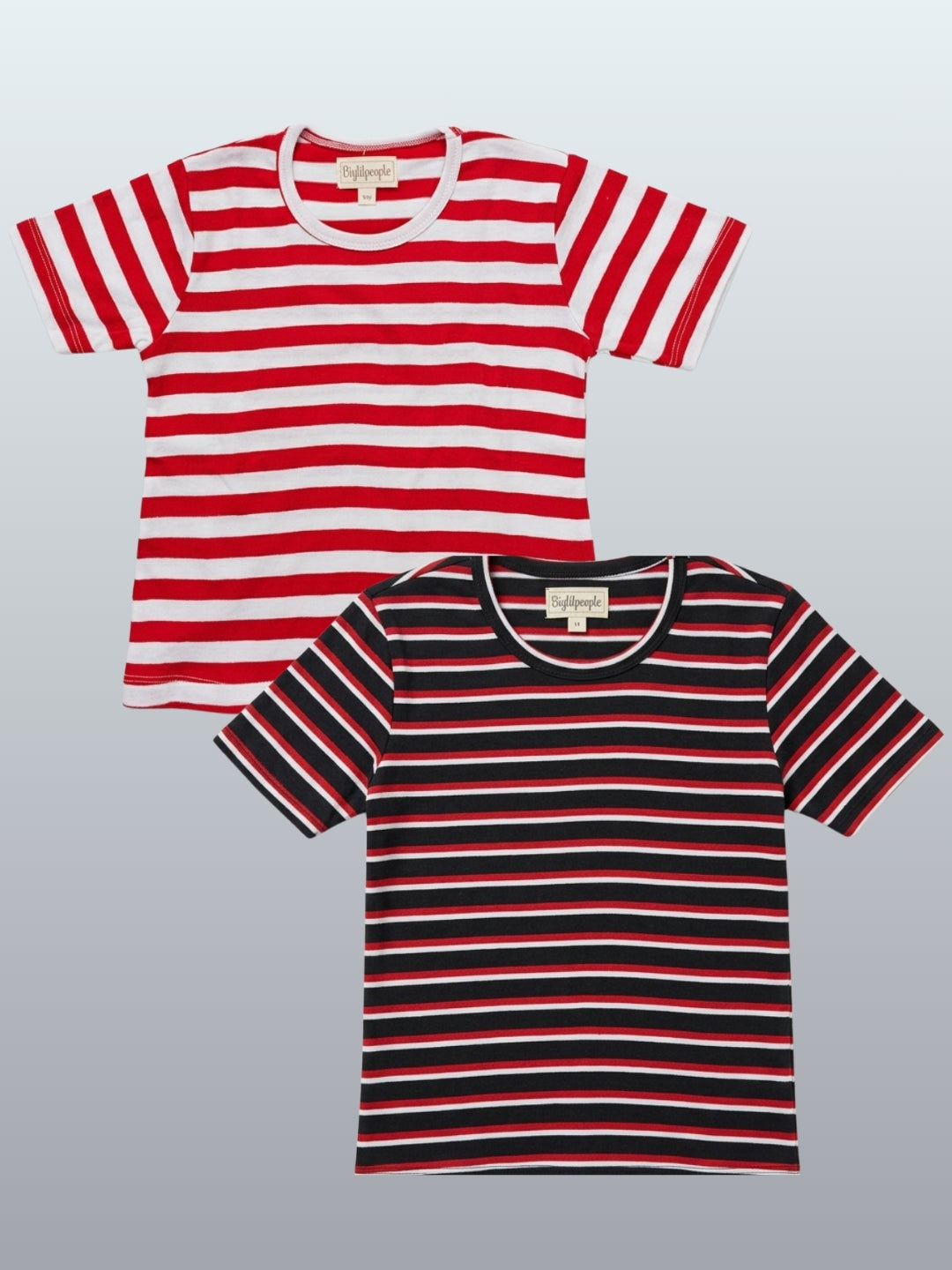 Biglilpeople Girls Black & Red Striped Round Neck Short Sleeves T-Shirt (Pack of 2)