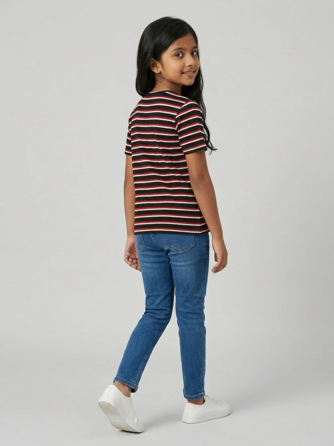 Biglilpeople Girls Black & Red Striped Round Neck Short Sleeves T-Shirt (Pack of 2)