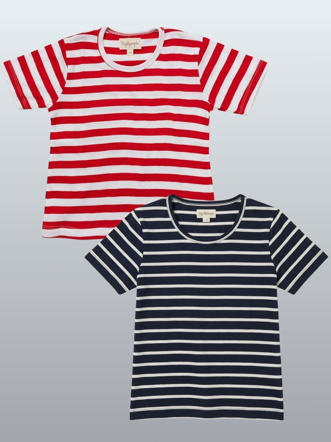 Biglilpeople Girls Red & Navy Striped Round Neck Short Sleeves T-Shirt (Pack of 2)