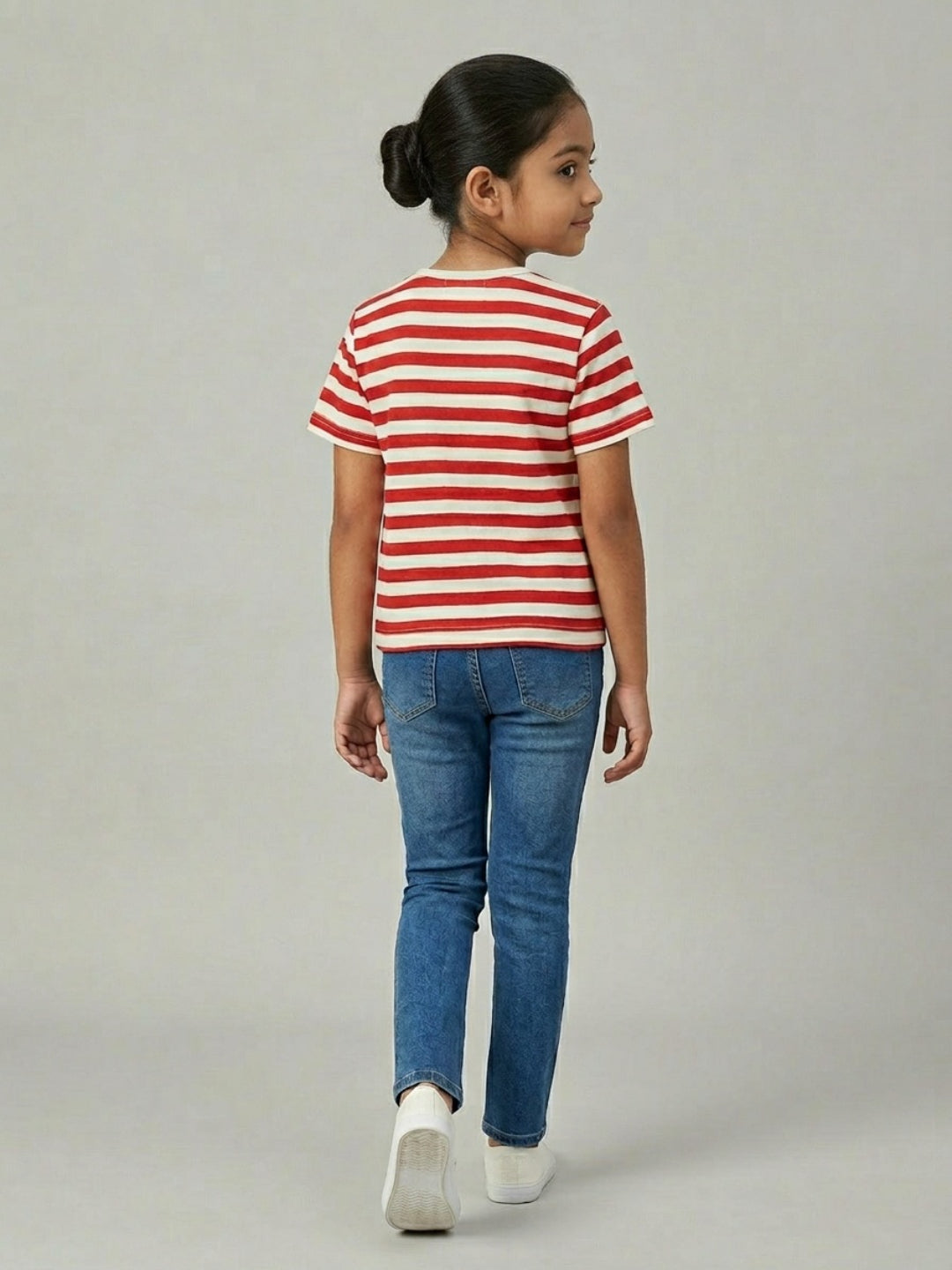 Biglilpeople Girls Red & Navy Striped Round Neck Short Sleeves T-Shirt (Pack of 2)