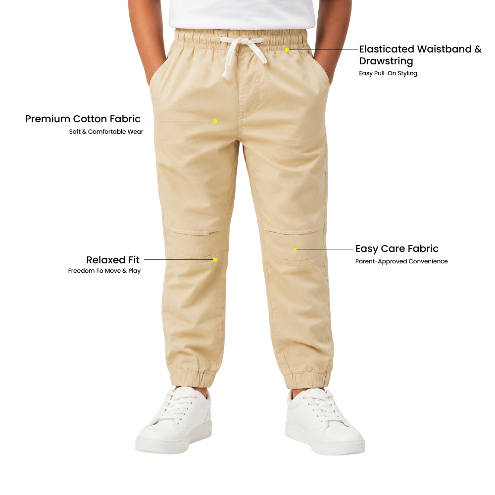 Boys Beige Color Cotton Woven Joggers