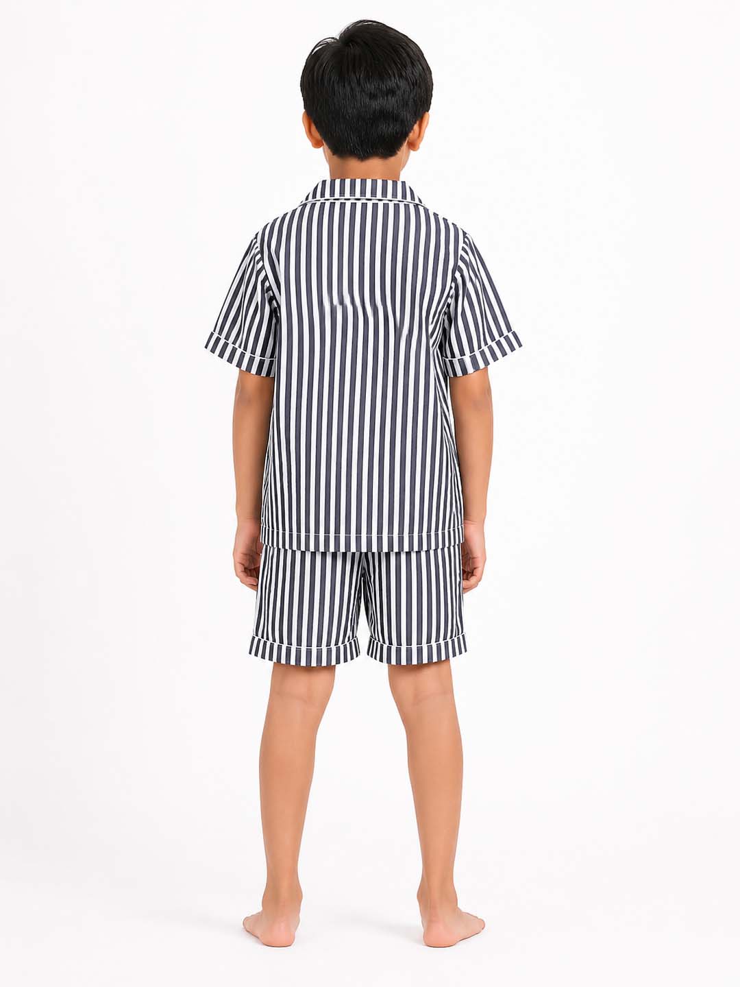 Biglilpeople Kids Unisex Grey Stripe Cotton Short Sleeve Shirt & Shorts Nightsuit