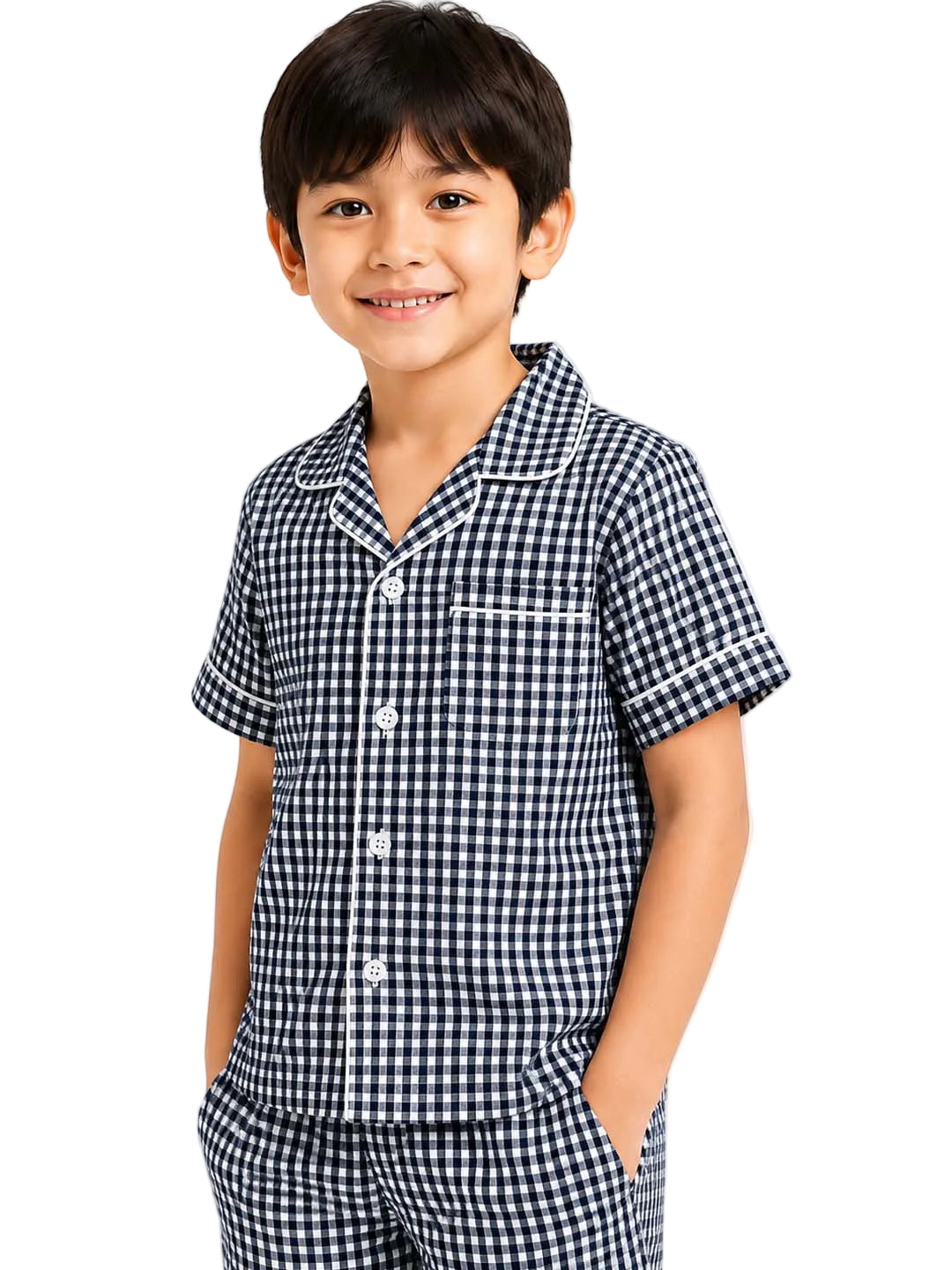 Biglilpeople Kids Unisex Black Checks Cotton Short Sleeve Shirt & Shorts Nightsuit