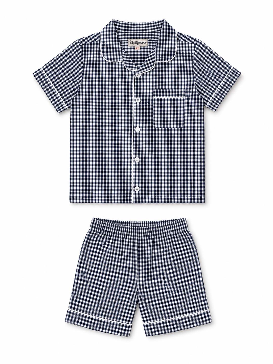 Biglilpeople Kids Unisex Black Checks Cotton Short Sleeve Shirt & Shorts Nightsuit