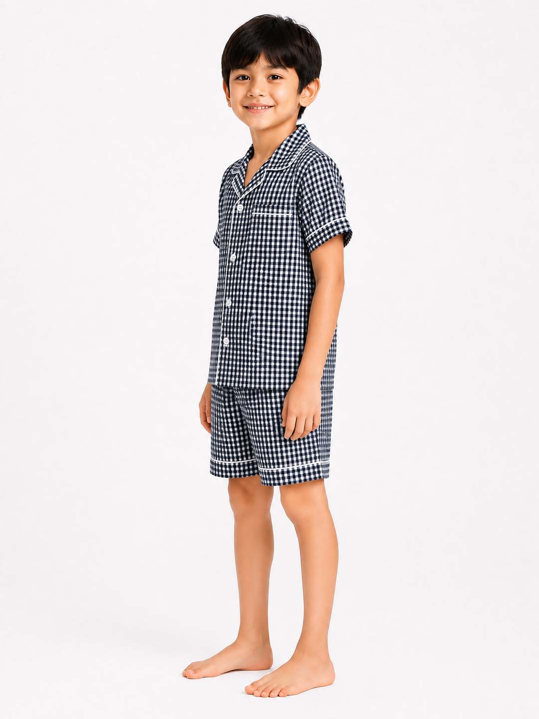 Biglilpeople Kids Unisex Black Checks Cotton Short Sleeve Shirt & Shorts Nightsuit