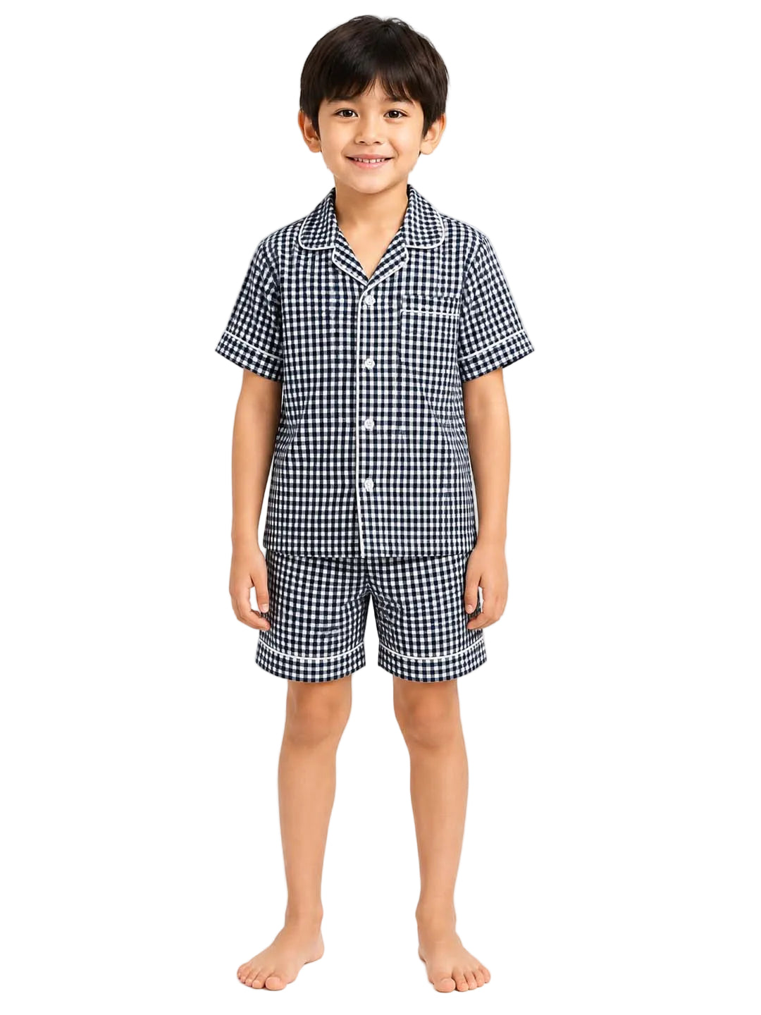Biglilpeople Kids Unisex Black Checks Cotton Short Sleeve Shirt & Shorts Nightsuit