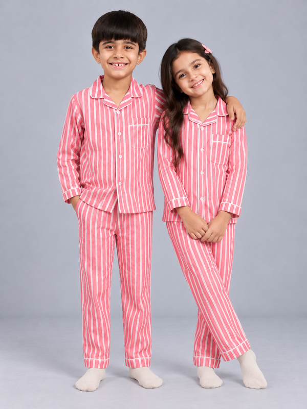 Biglilpeople Kids Red Striped Cotton Full Sleeve Shirt & Pajama Nightsuit