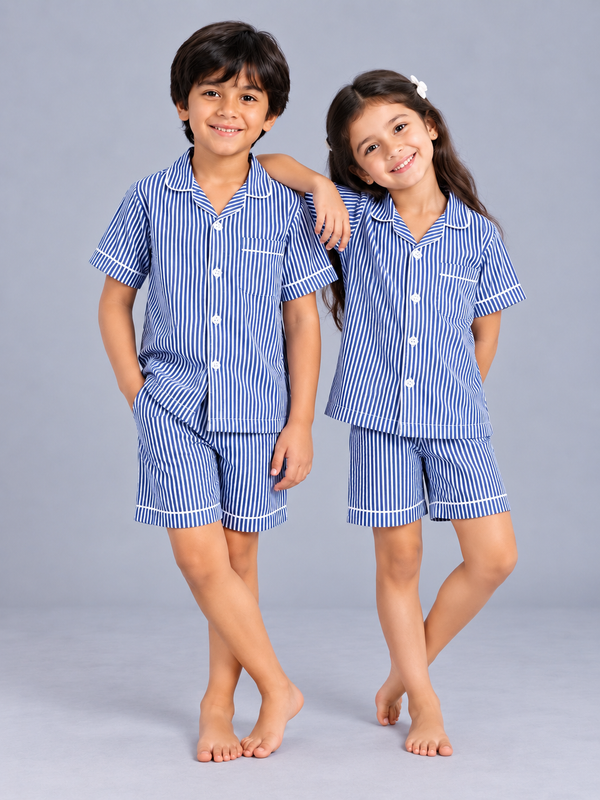 Biglilpeople Kids Light Blue Striped Cotton Short Sleeve Shirt & Shorts Nightsuit