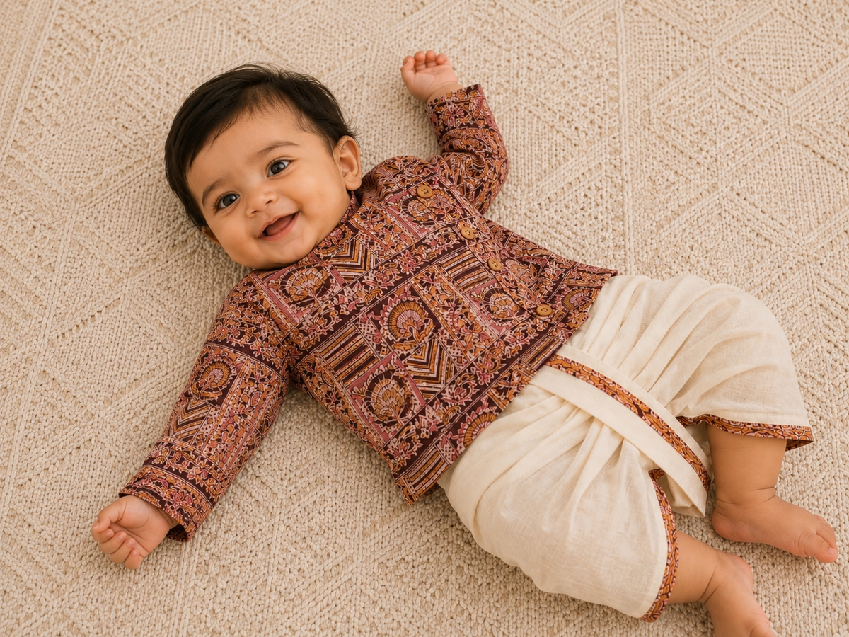 Biglilpeople Boys Rust Brown Ethnic Printed Cotton Angrakha Style Dhoti Set