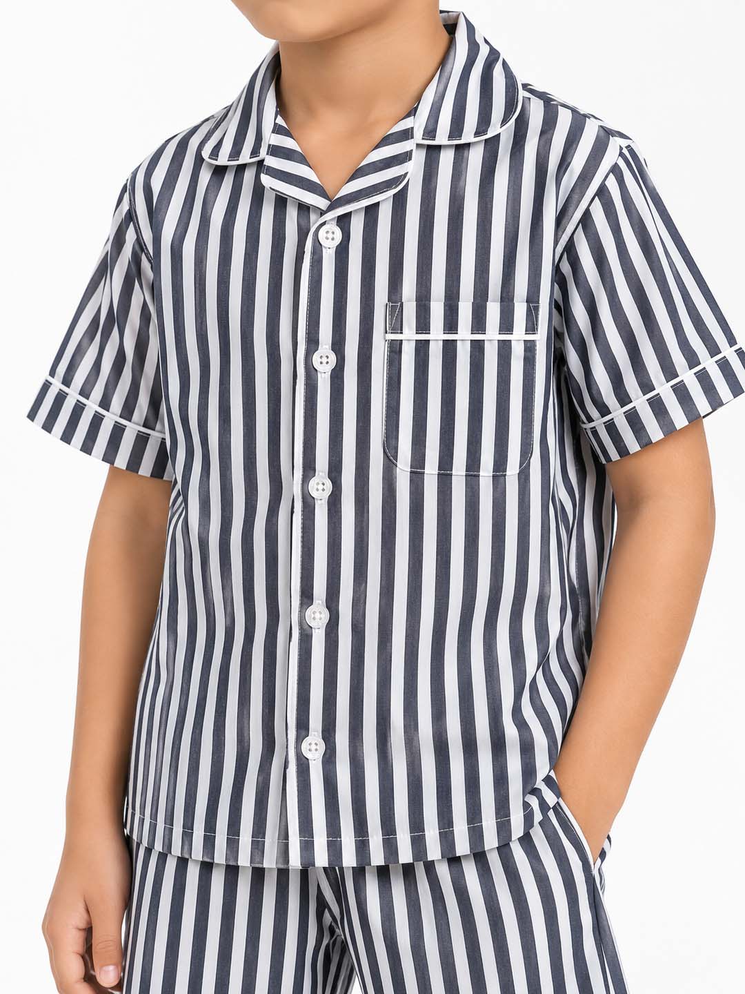 Biglilpeople Kids Unisex Grey Stripe Cotton Short Sleeve Shirt & Shorts Nightsuit
