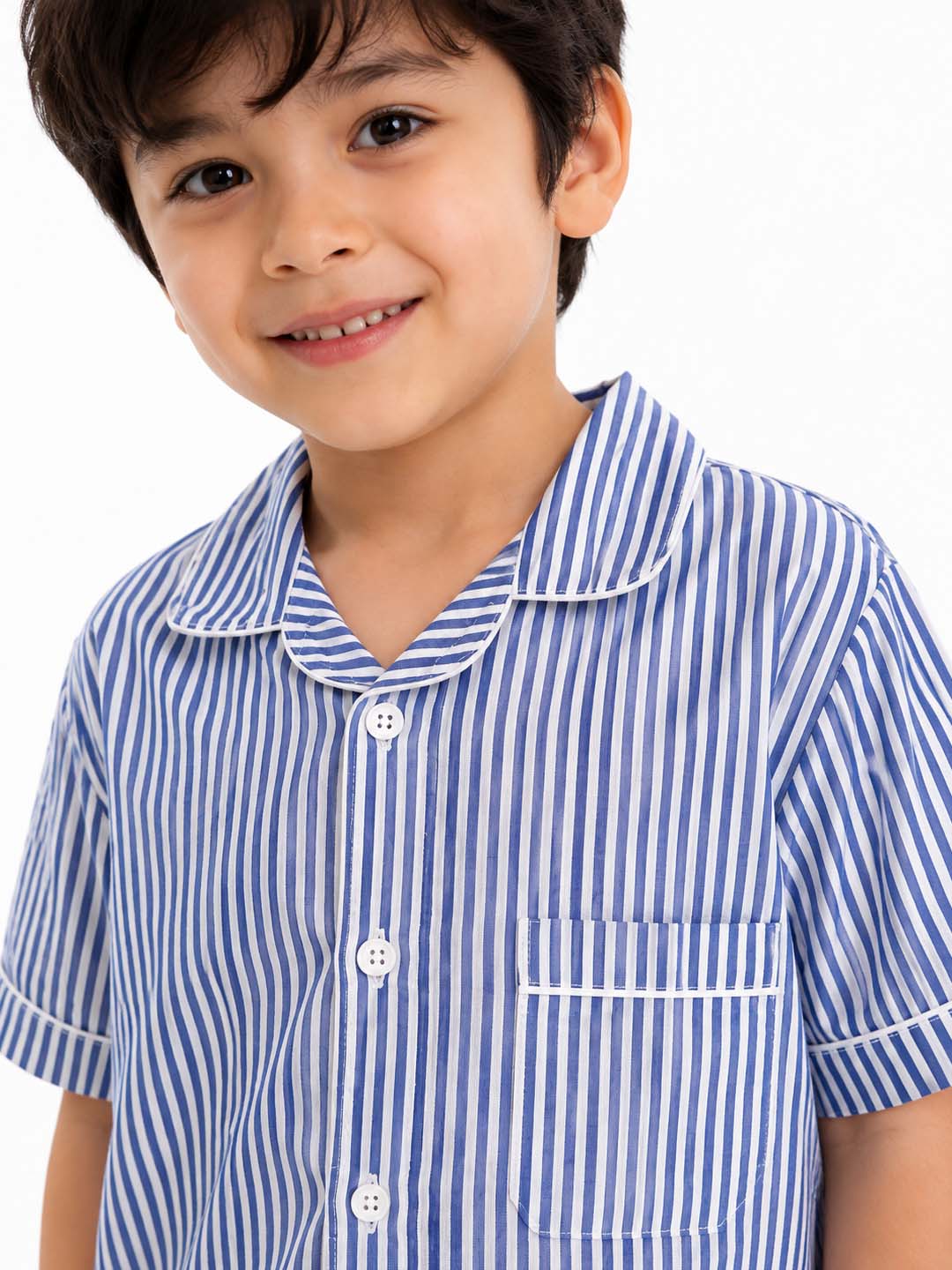 Biglilpeople Kids Unisex Light Blue Stripe Cotton Short Sleeve Shirt & Shorts Nightsuit