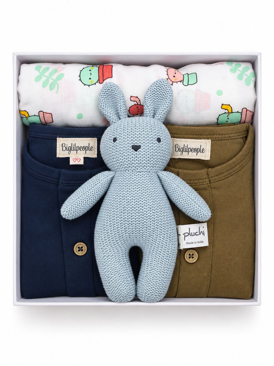 Newborn Muslin Gift Set with Swaddle & Doll – Blue & Olive