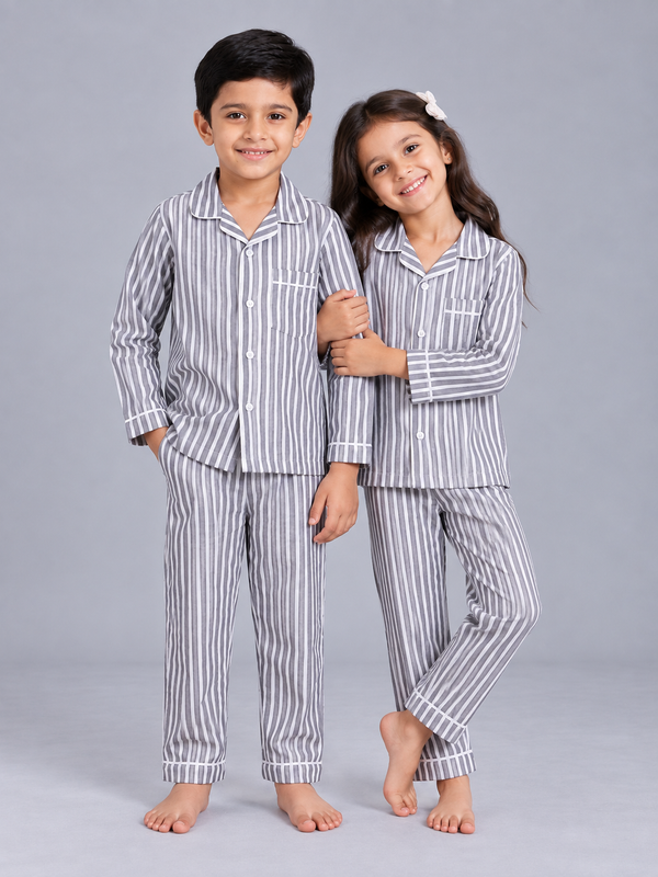 Biglilpeople Kids Grey Striped Cotton Full Sleeve Shirt & Pajama Nightsuit