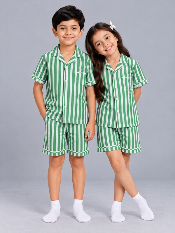 Biglilpeople Kids Green Striped Cotton Short Sleeve Shirt & Shorts Nightsuit