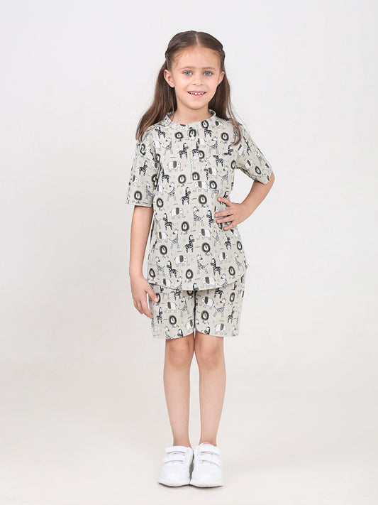 Kids Cotton Half Sleeves Co-ords Set For Unisex (Giraffe Print)