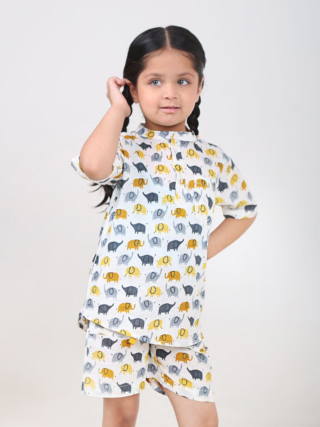 Kids Cotton Half Sleeves Co-ords Set For Unisex (Elephant Print)