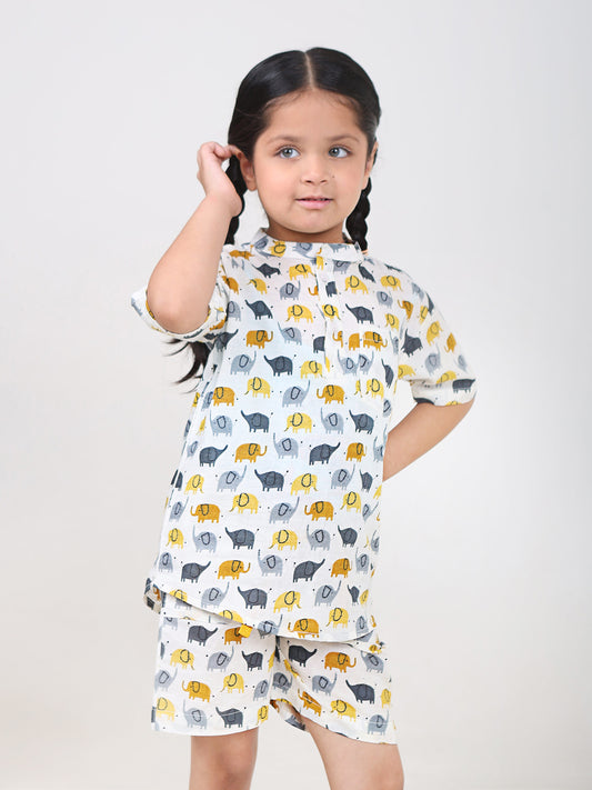Kids Cotton Half Sleeves Co-ords Set For Unisex (Elephant Print)