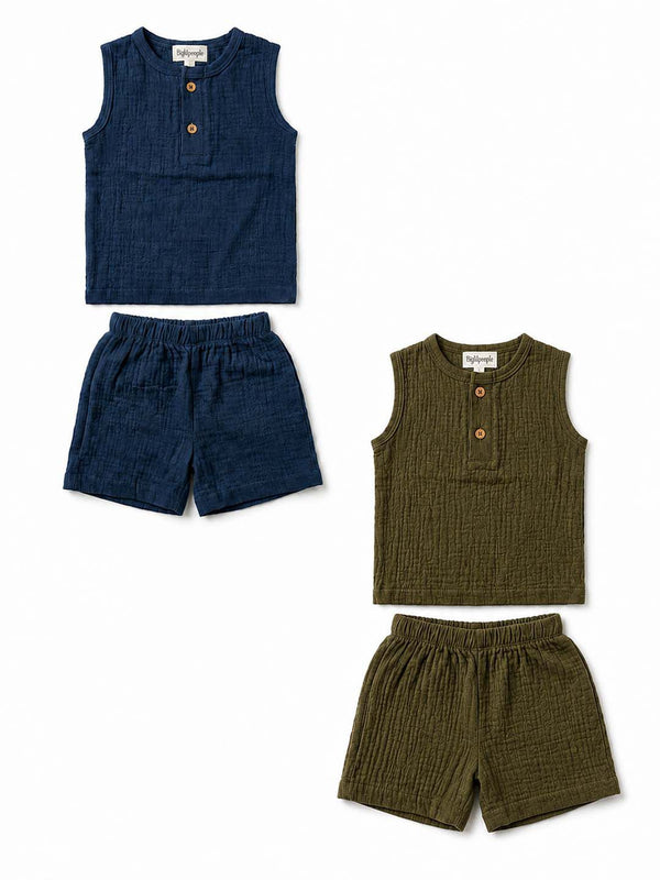 Biglilpeople Infant Muslin Co-ord Set Shirt & Shorts Blue & Olive - Pack of 2