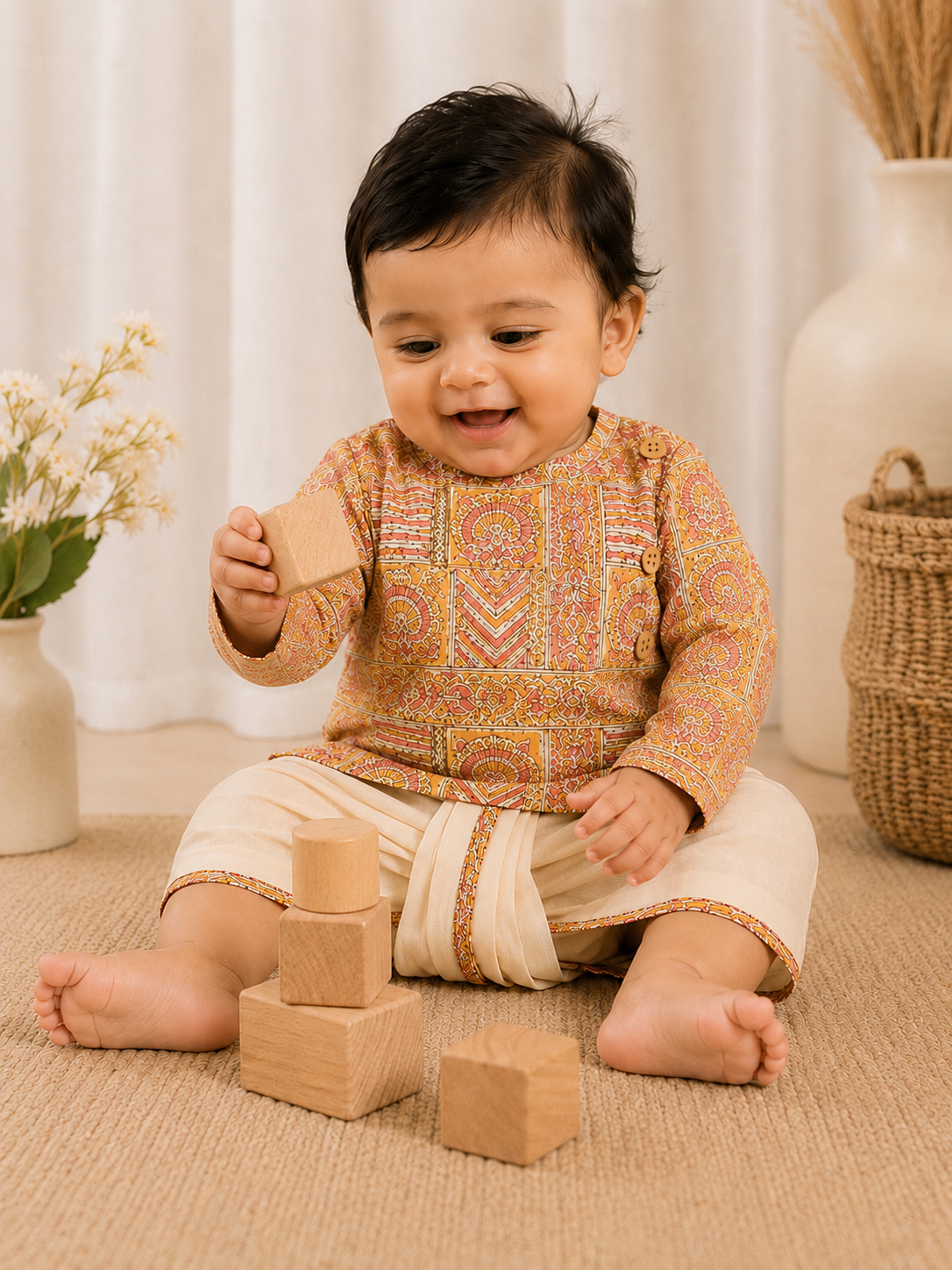 Biglilpeople Boys Beige Ethnic Printed Printed Cotton Angrakha Style Dhoti Set