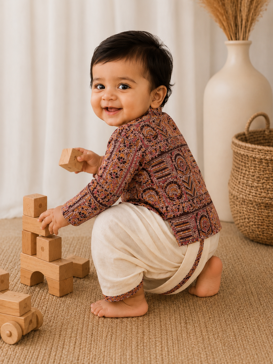 Biglilpeople Boys Rust Brown Ethnic Printed Cotton Angrakha Style Dhoti Set