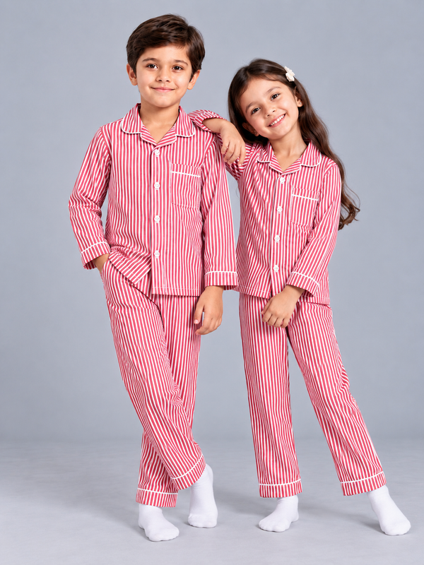 Biglilpeople Kids Micro Red Striped Cotton Full Sleeve Shirt & Pajama Nightsuit