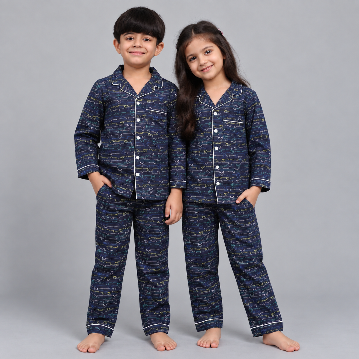 Notched Collared Night Suits For Girls and Boys