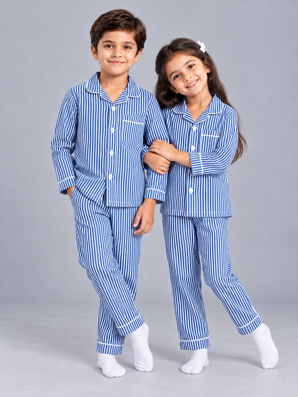 Biglilpeople Kids Blue Striped Cotton Full Sleeve Shirt & Pajama Nightsuit