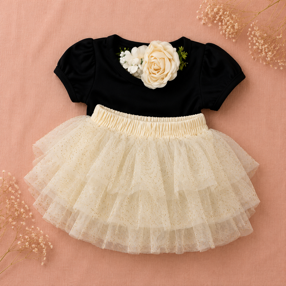 Newborn Girls Tutu Bloomer Gift Set with Romper – Beige & Black