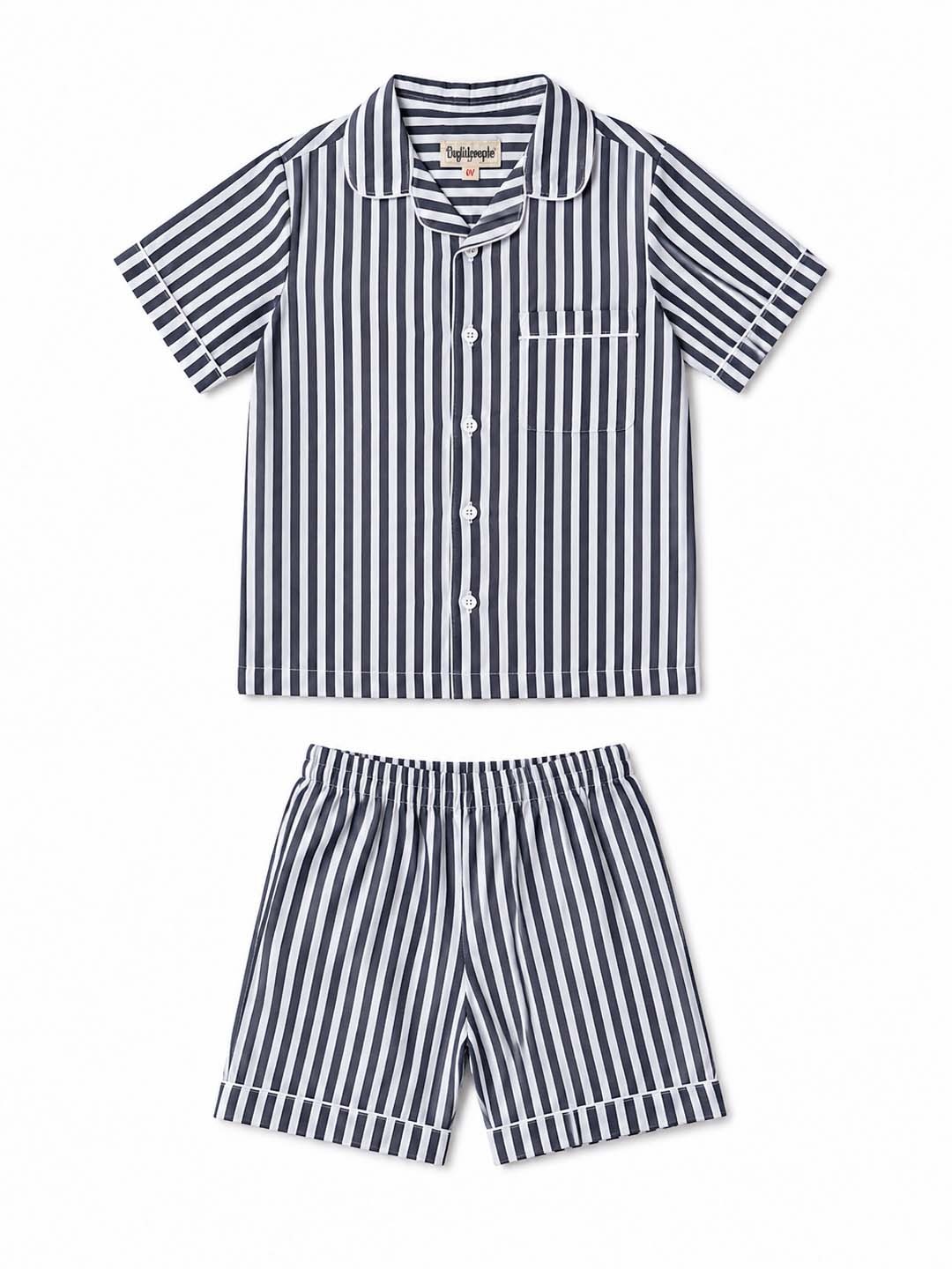 Biglilpeople Kids Unisex Grey Stripe Cotton Short Sleeve Shirt & Shorts Nightsuit