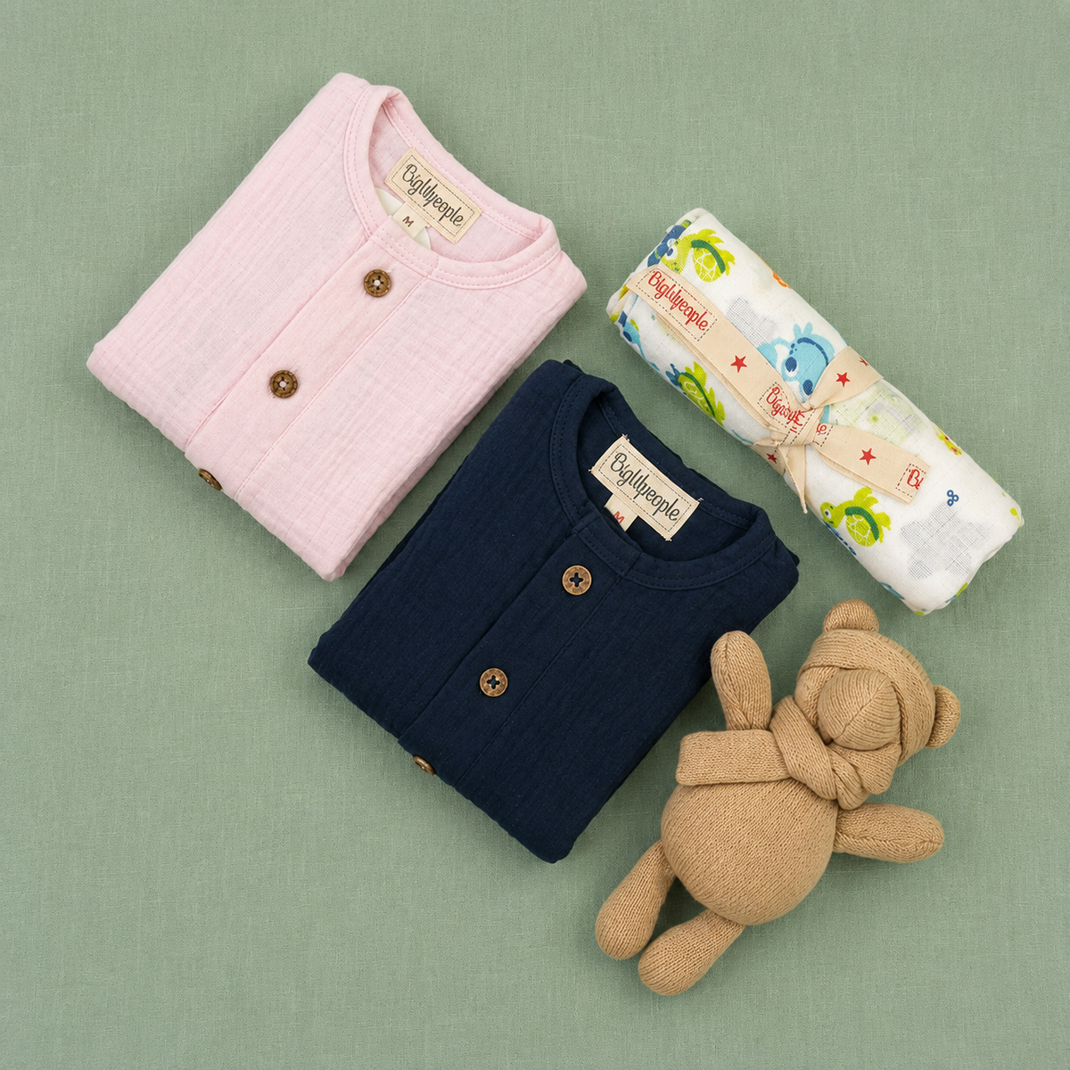 Newborn Muslin Gift Set with Swaddle & Doll – Blue & Pink