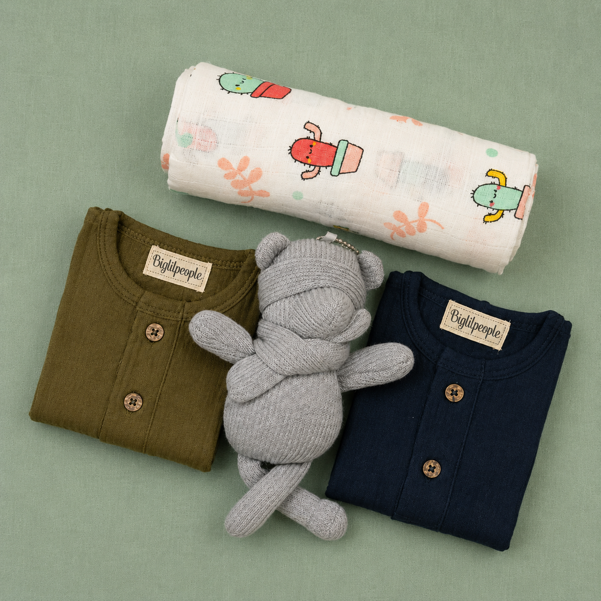 Newborn Muslin Gift Set with Swaddle & Doll – Blue & Olive