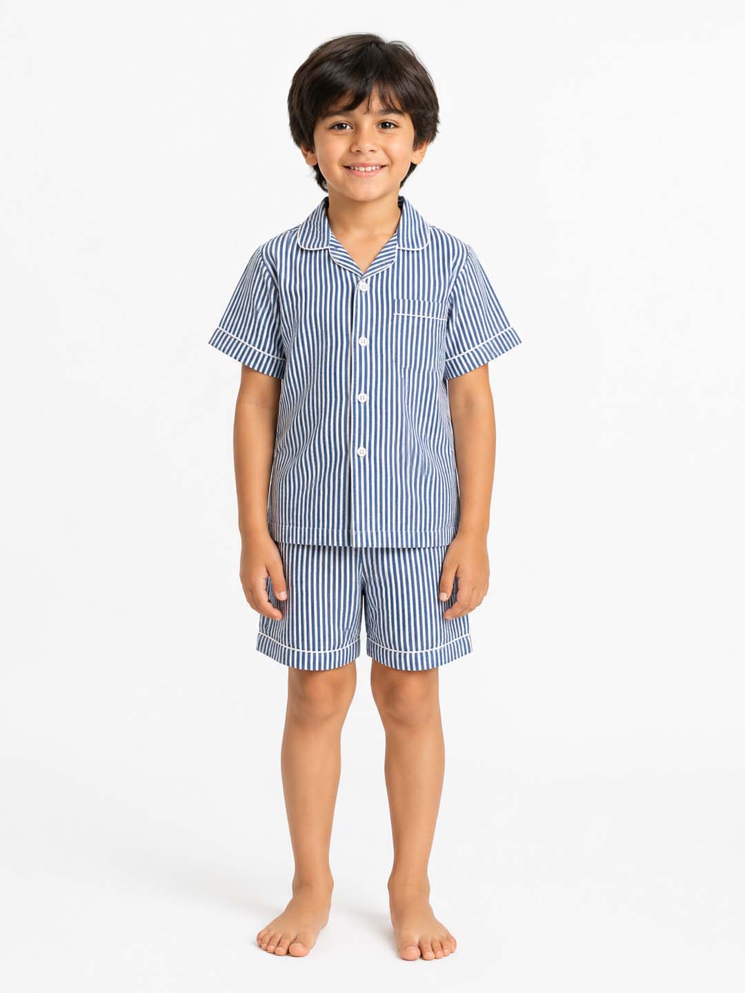 Biglilpeople Kids Unisex Light Blue Stripe Cotton Short Sleeve Shirt & Shorts Nightsuit
