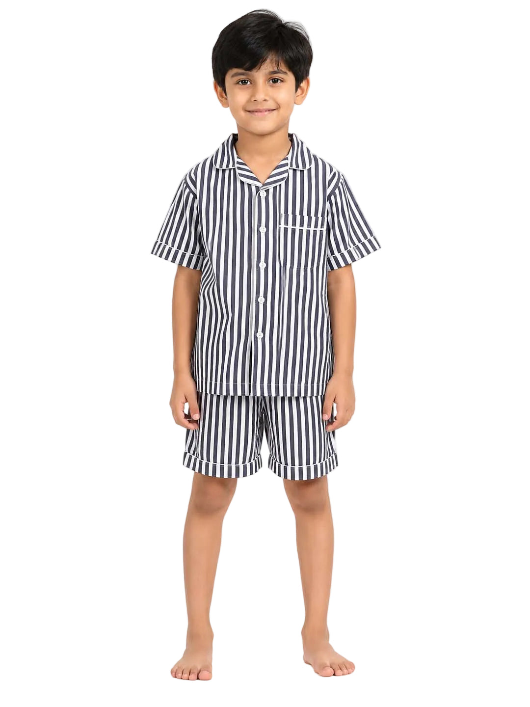 Biglilpeople Kids Unisex Grey Stripe Cotton Short Sleeve Shirt & Shorts Nightsuit