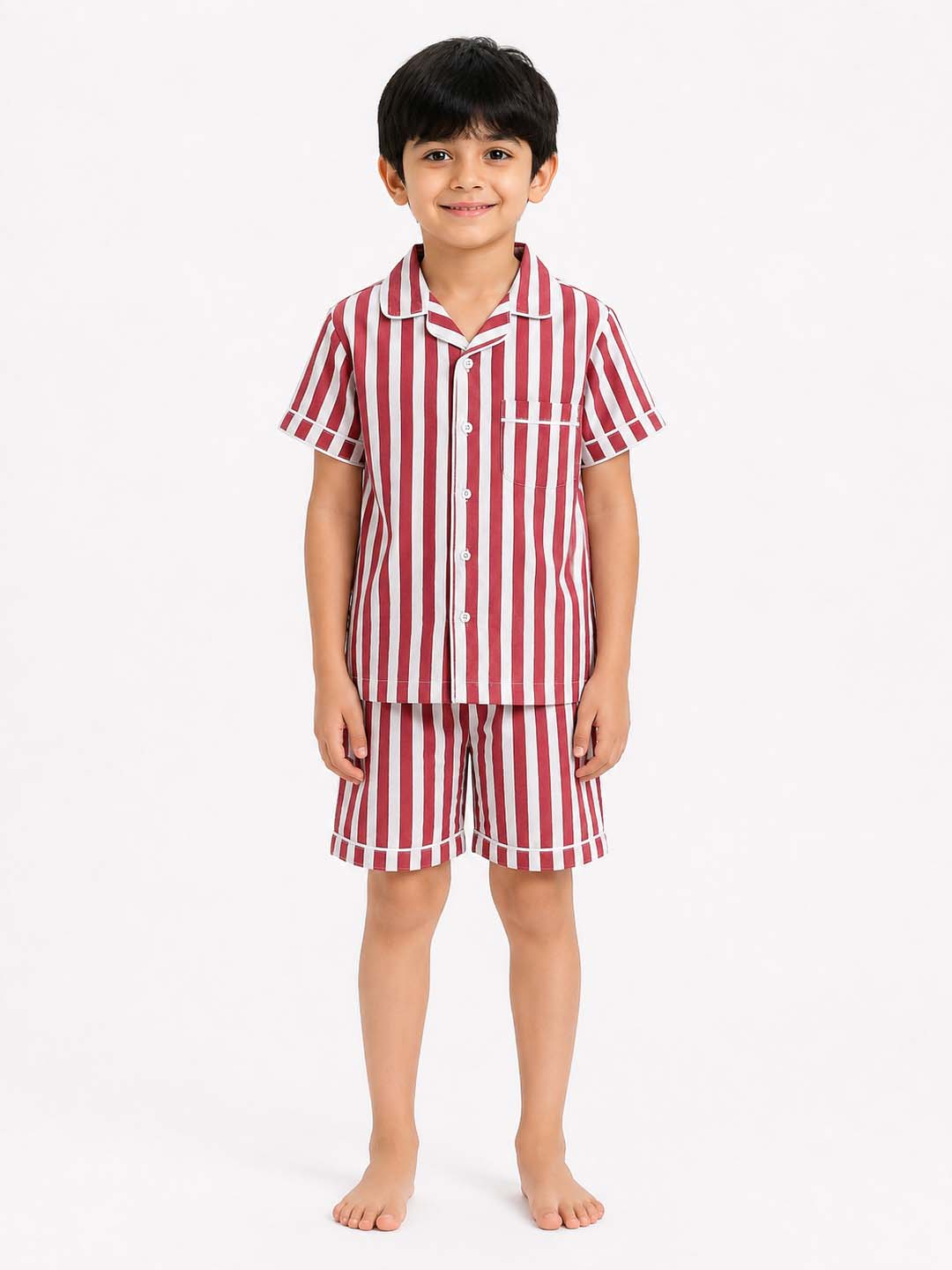 Biglilpeople Kids Unisex Bold Red Stripe Cotton Short Sleeve Shirt & Shorts Nightsuit