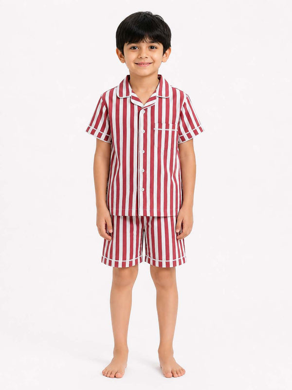 Biglilpeople Kids Bold Red Striped Cotton Short Sleeve Shirt & Shorts Nightsuit